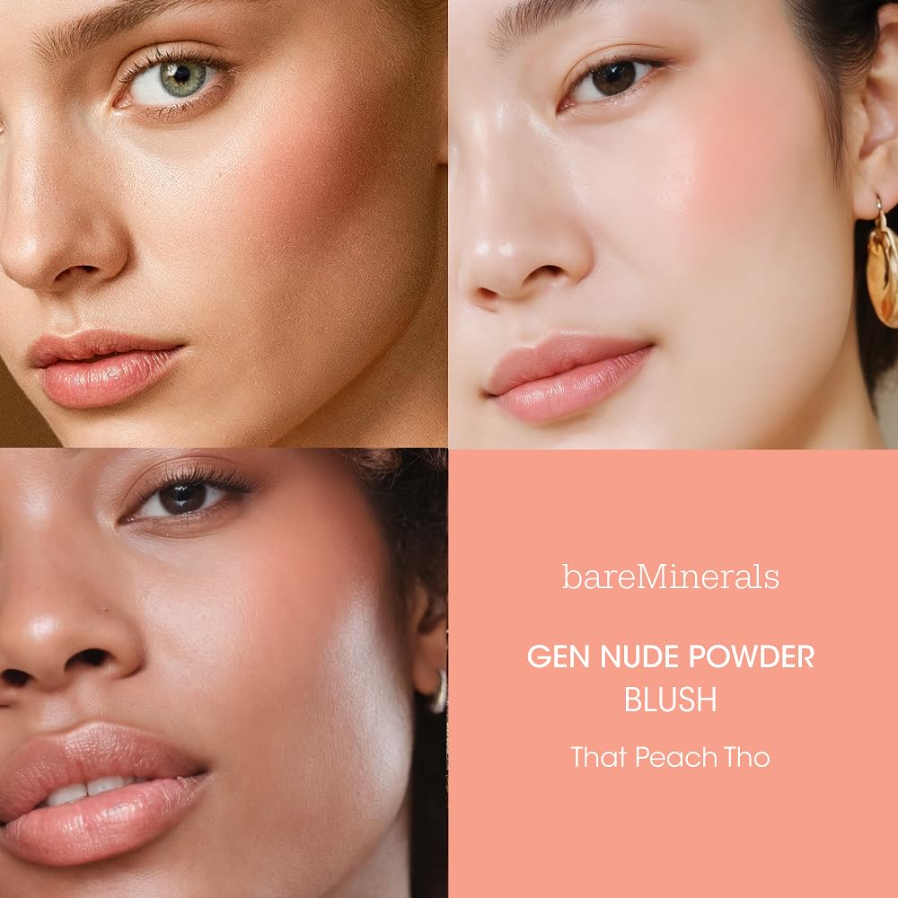 bareMinerals Gen Nude Powder Blush That Peach Tho, difuminado perfecto para piel con textura suave.