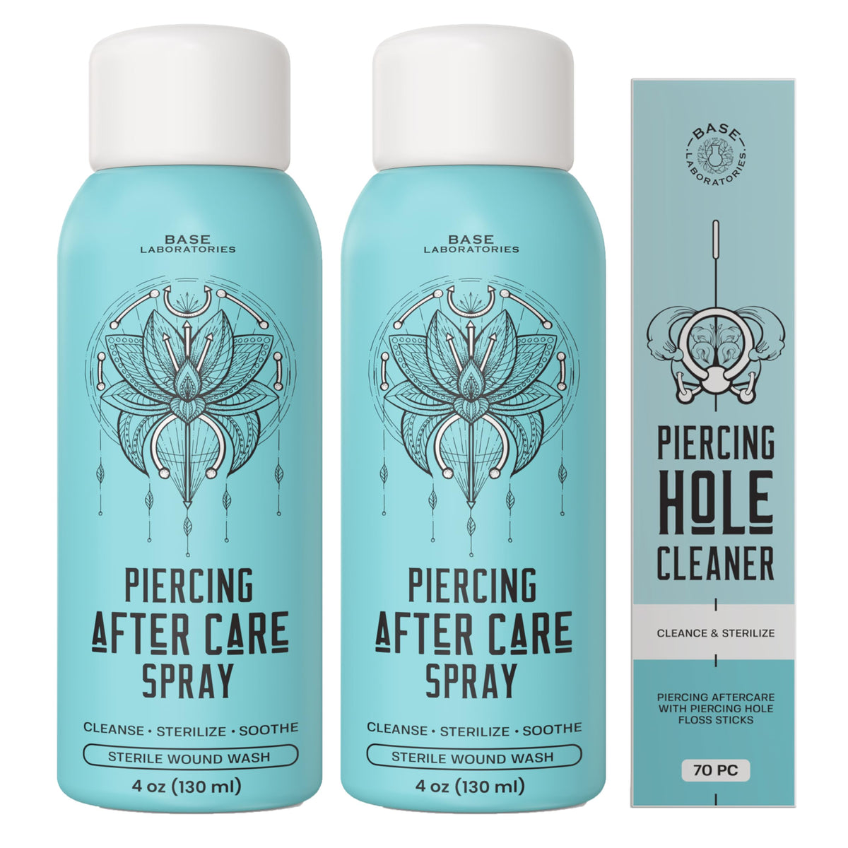 Spray de cuidado de perforaciones BASE LABORATORIES en botella de 4 oz para uso diario.