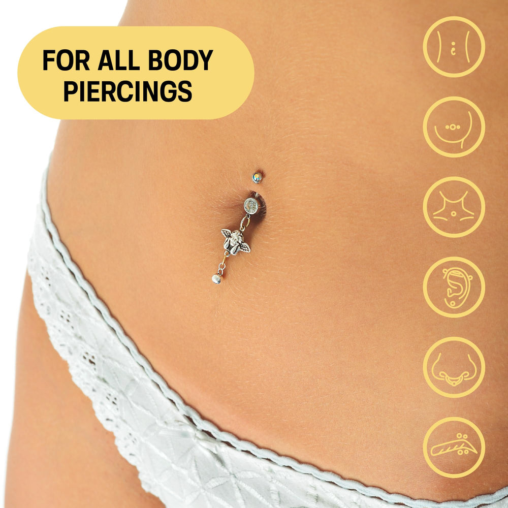 Base Laboratories empaque práctico protege tus piercings durante la curación.