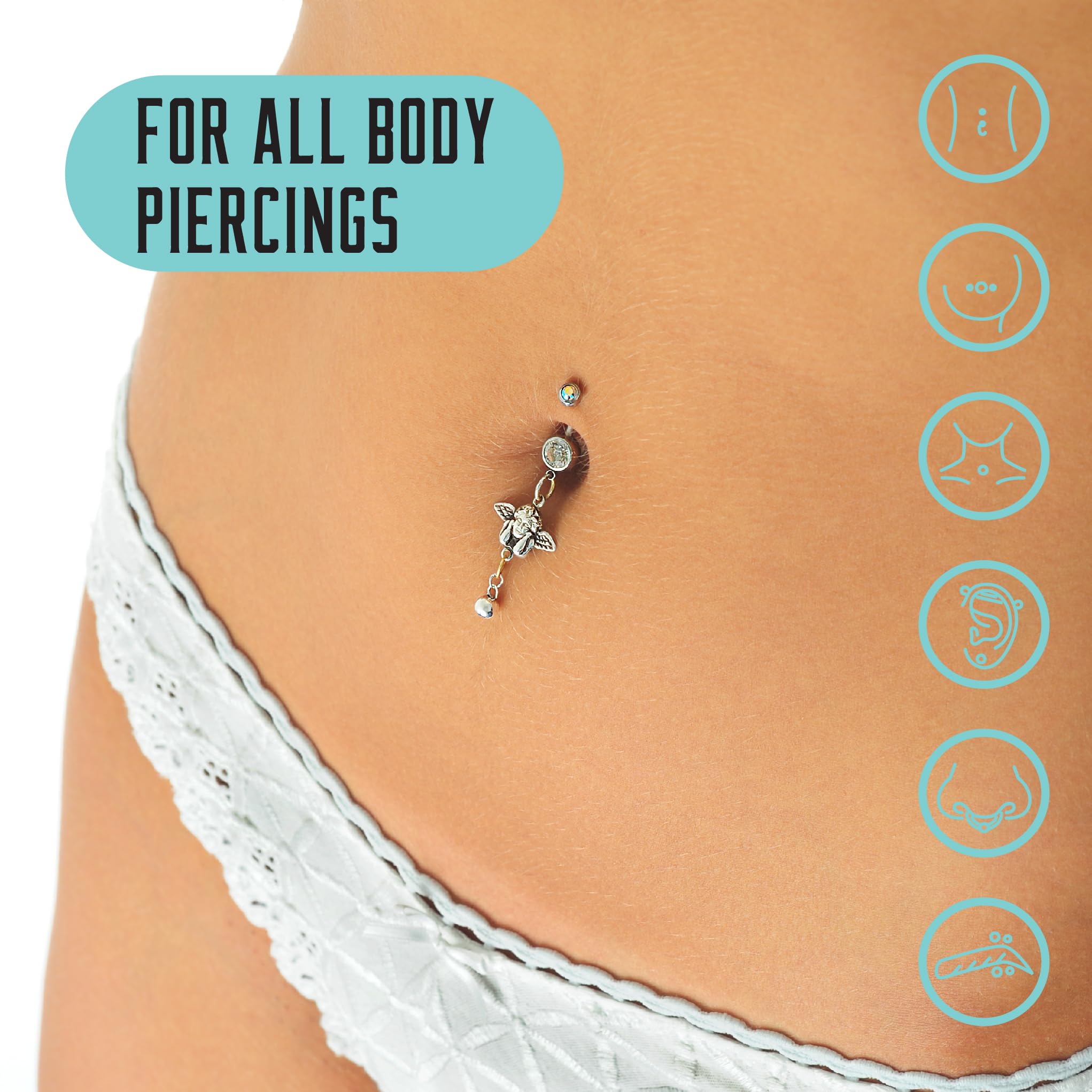 BASE LABORATORIES solución salina natural para piercings, uso versátil en el cuerpo.