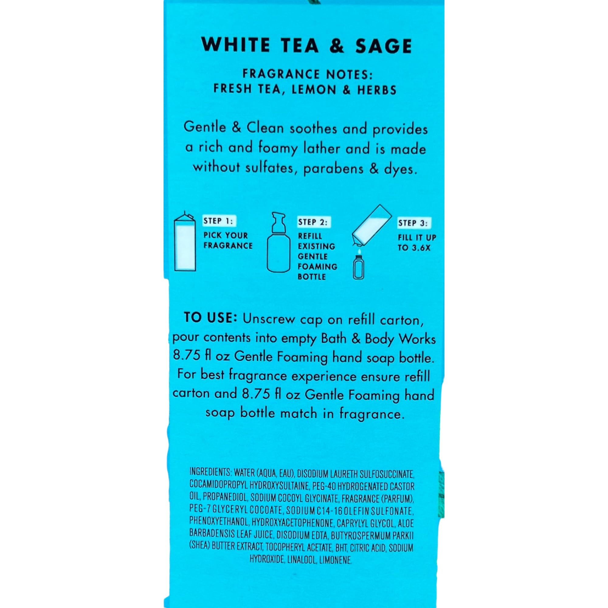 Bath & Body Works White Tea & Sage, etiqueta cercana: espuma cremosa para manos limpias.