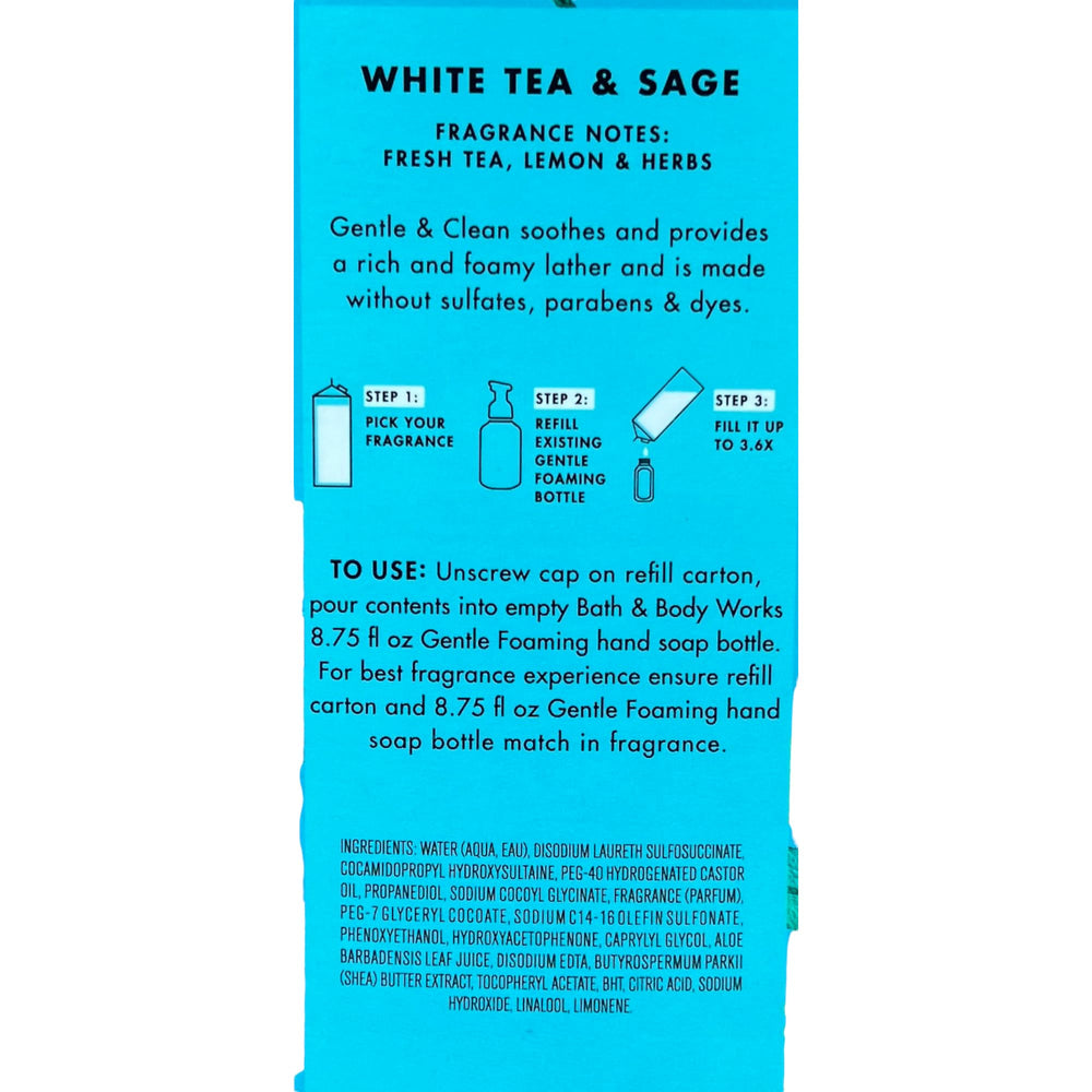 Bath & Body Works White Tea & Sage, etiqueta cercana: espuma cremosa para manos limpias.