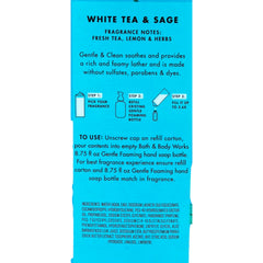 Bath & Body Works White Tea & Sage, etiqueta cercana: espuma cremosa para manos limpias.