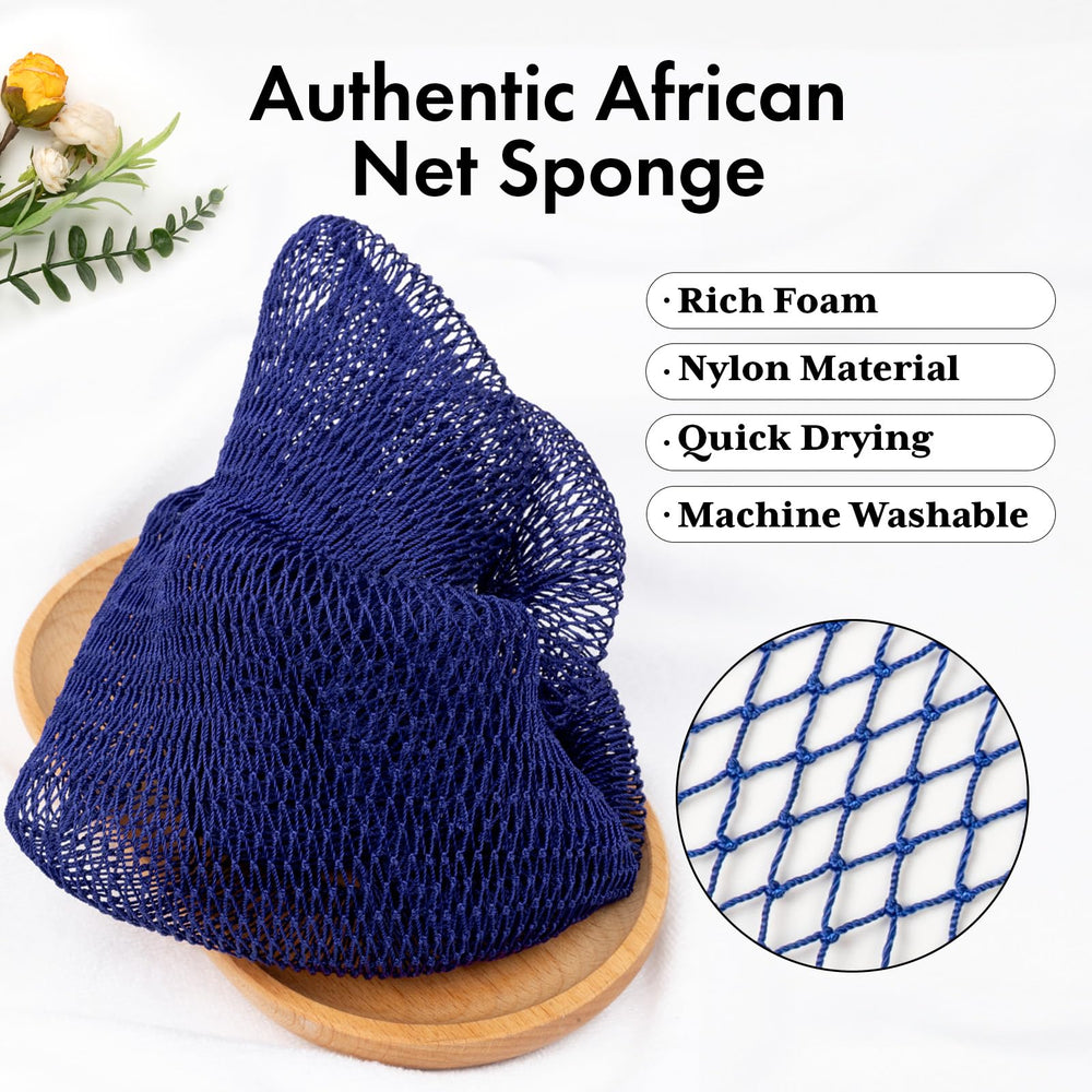 Bathway esponja africana azul exfoliante, genera espuma densa para una limpieza eficiente.