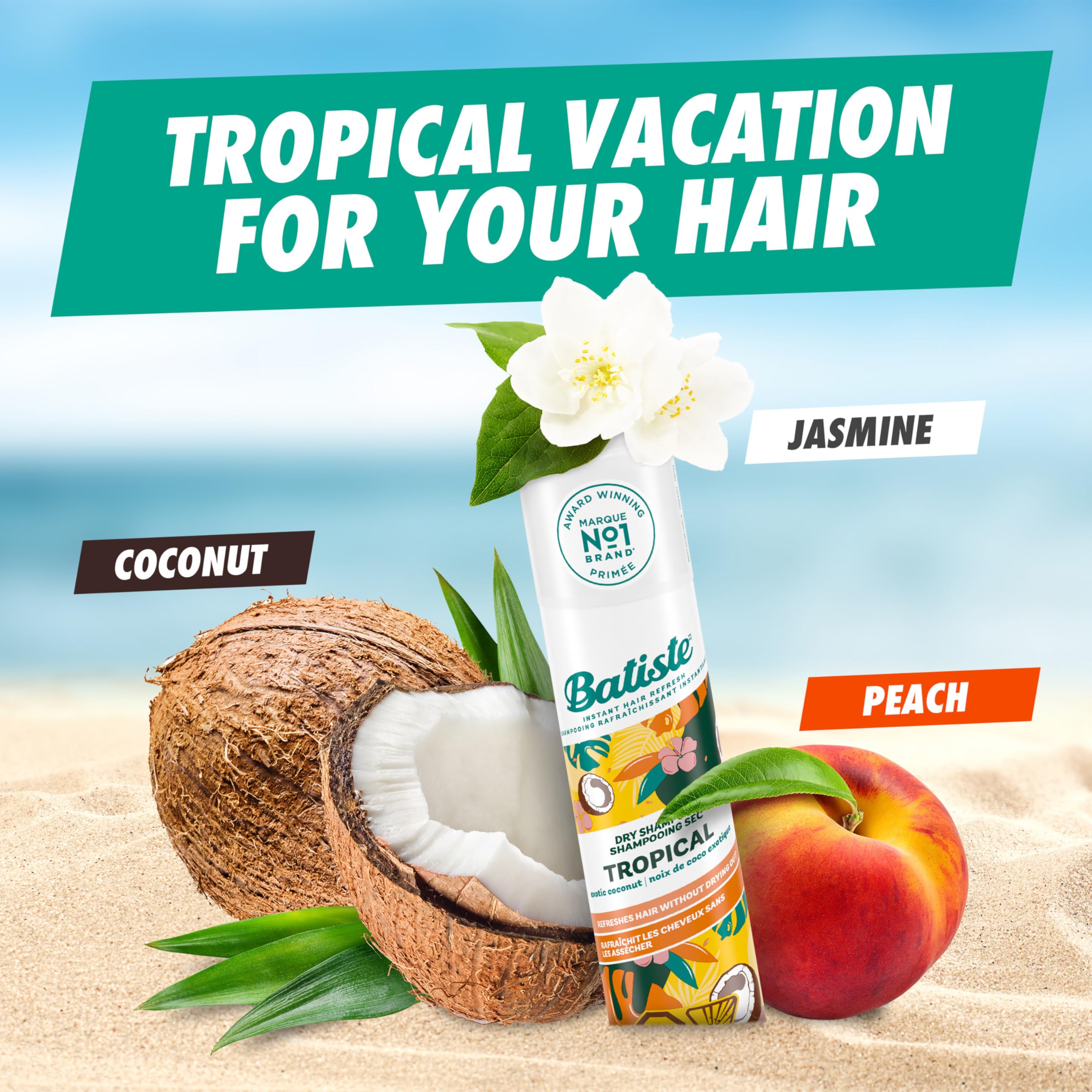 Batiste Champú en seco Tropical, fragancia exótica que deja sensación fresca.