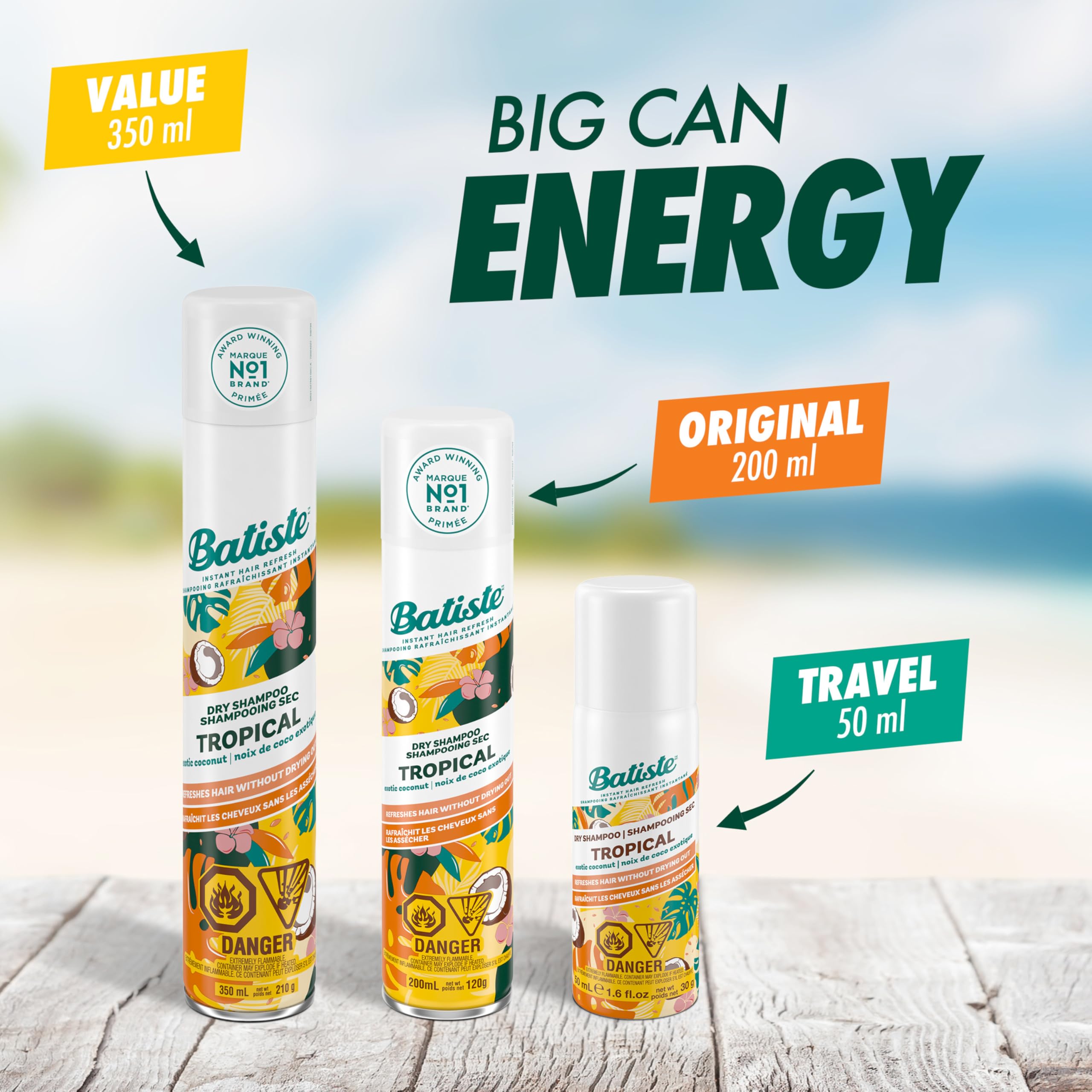 Batiste Champú en seco Tropical, uso diario suave que evita el peso.