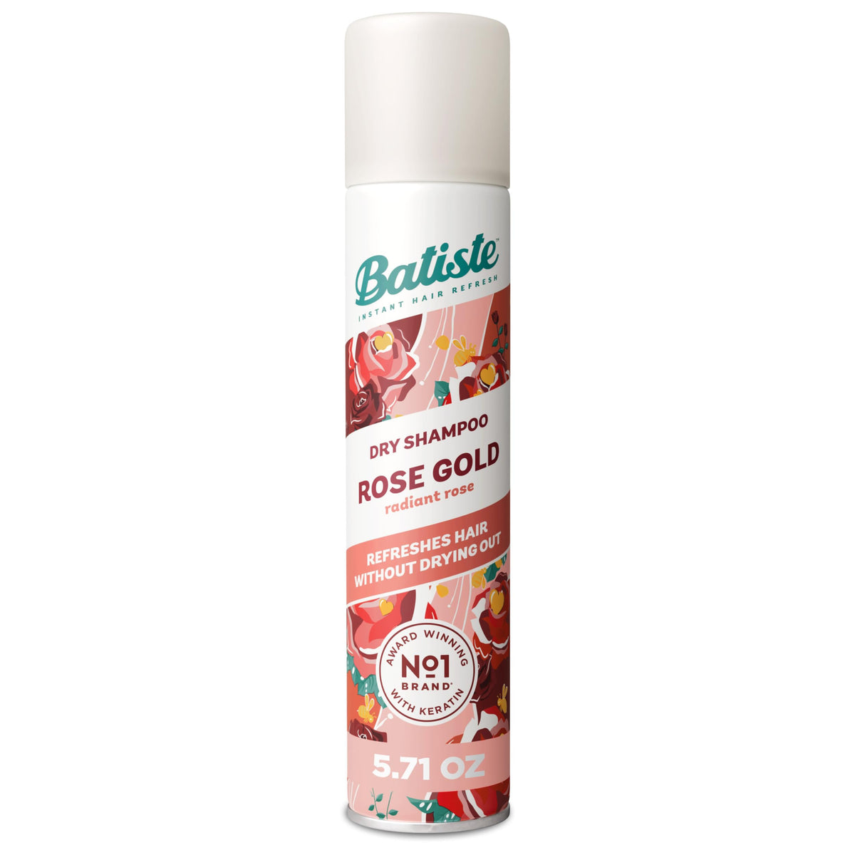 Botella de Batiste Rose Gold champú seco para uso diario sin agua.
