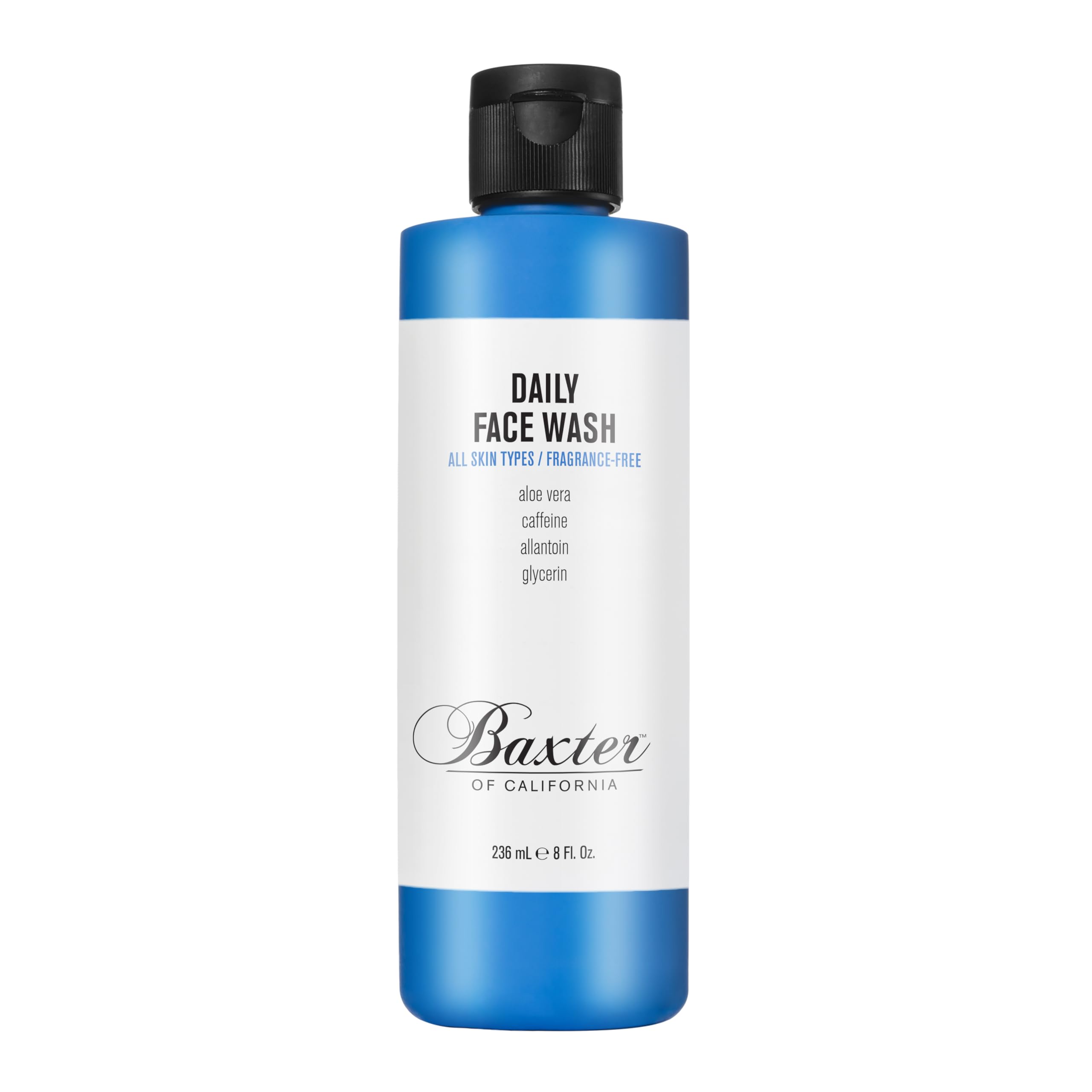 Baxter of California limpiador diario en botella; limpieza suave para piel sensible.
