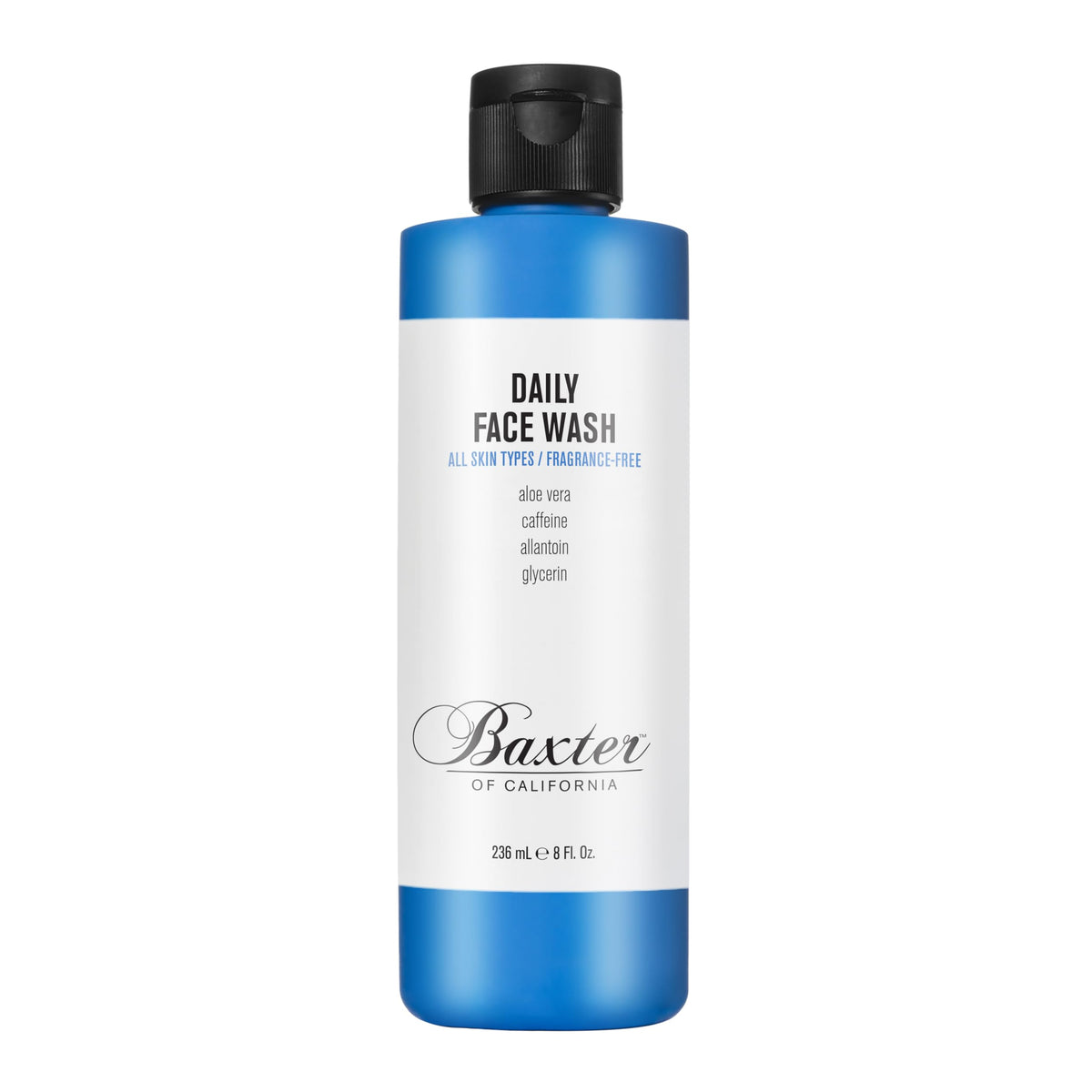 Baxter of California limpiador diario en botella; limpieza suave para piel sensible.