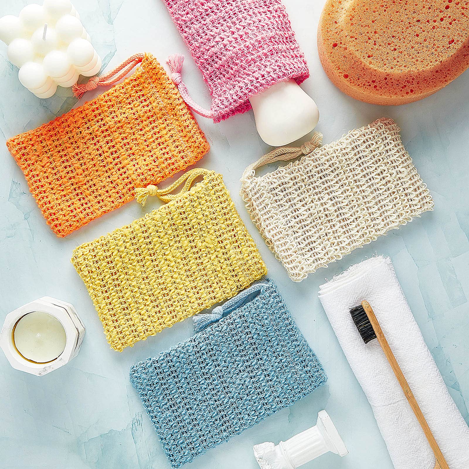 BBTO bolsa exfoliante para jabón en lino amarillo, tamaño práctico para jabones comunes.