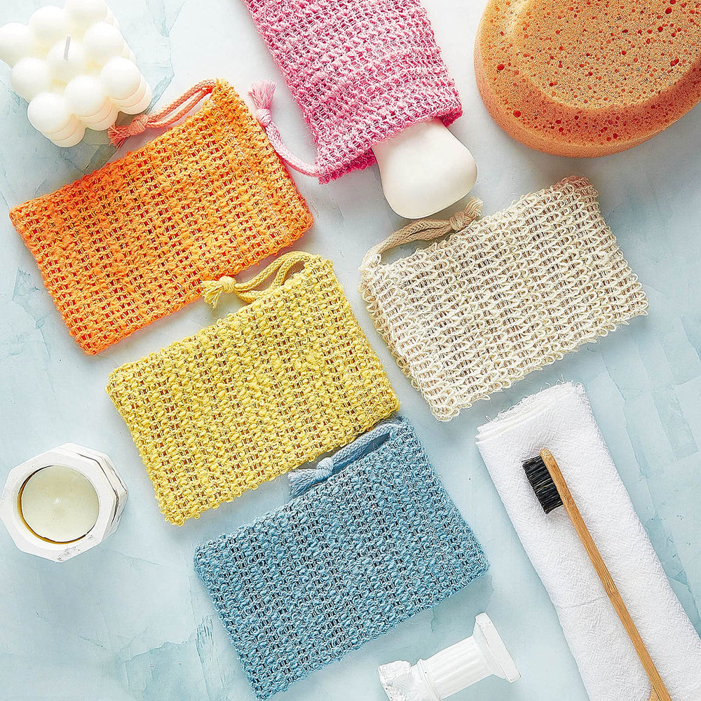 BBTO bolsa exfoliante para jabón en lino amarillo, tamaño práctico para jabones comunes.