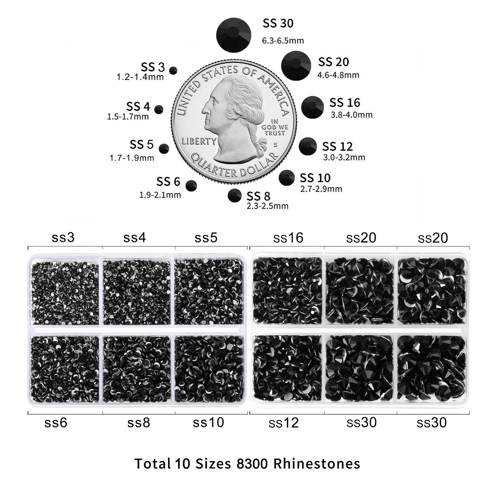 Beadsland cristales negros brillantes detalle primer plano.