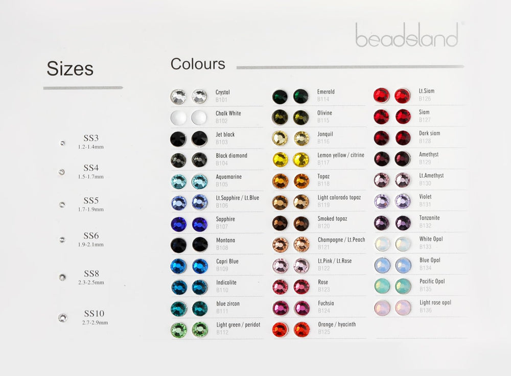 BEADSLAND muestras de tallas SS3 a SS40 para diseños.