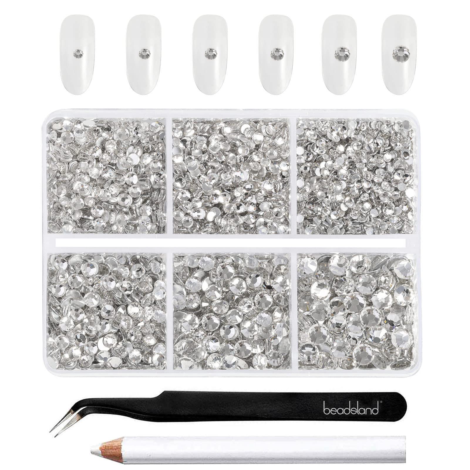 Beadsland: piedras de cristal claras en caja, ideal para decoración de uñas.
