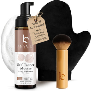 Beauty by Earth kit autobronceador con guante para aplicación suave y uniforme.