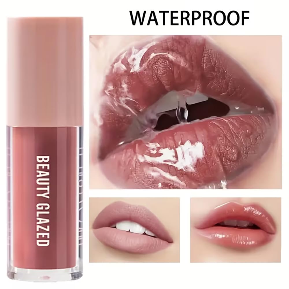 Beauty Glazed acabado vidrio para labios en tono rosa natural, apariencia definida.