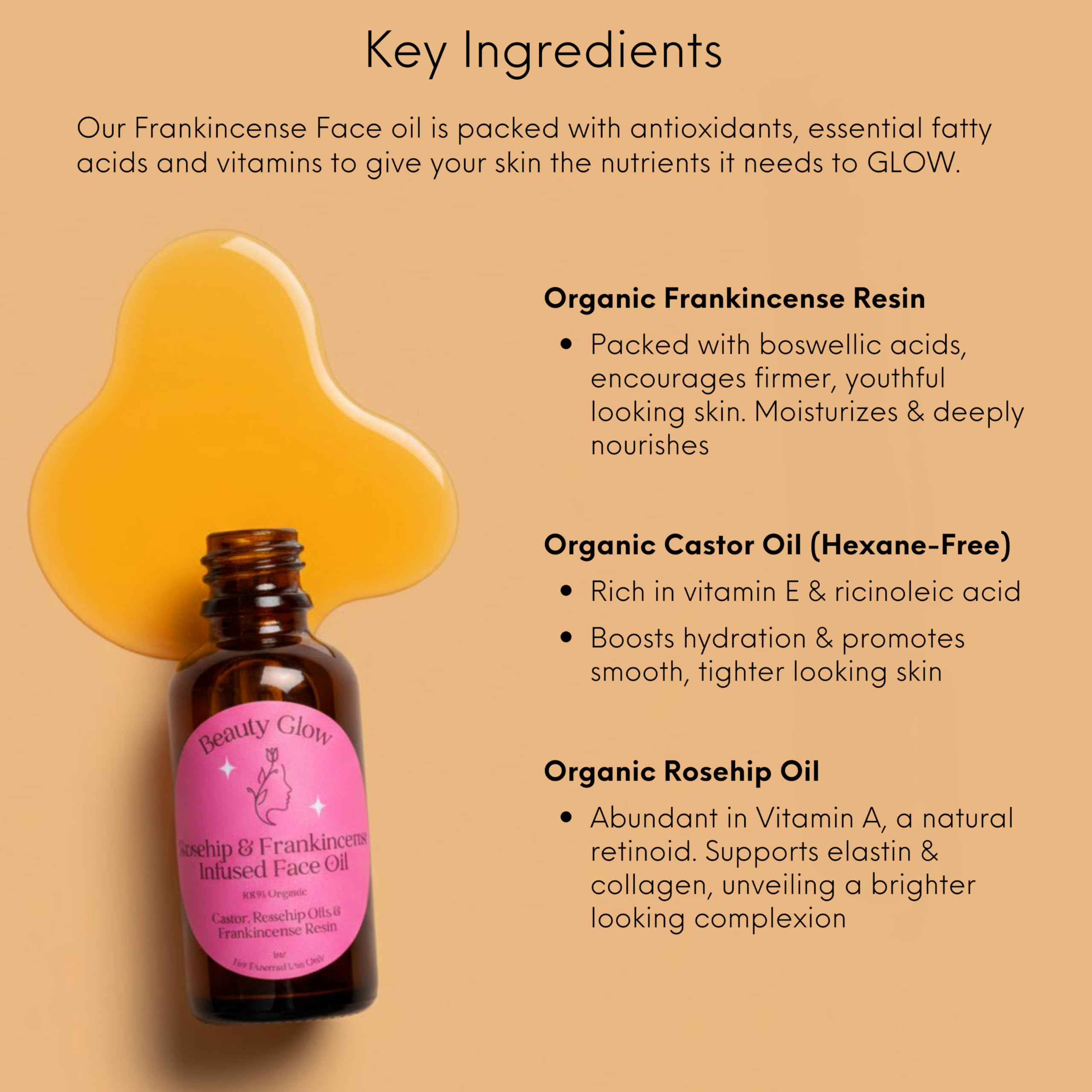 Beauty Glow ingredientes: rosa mosqueta y castor para hidratación y nutrición.