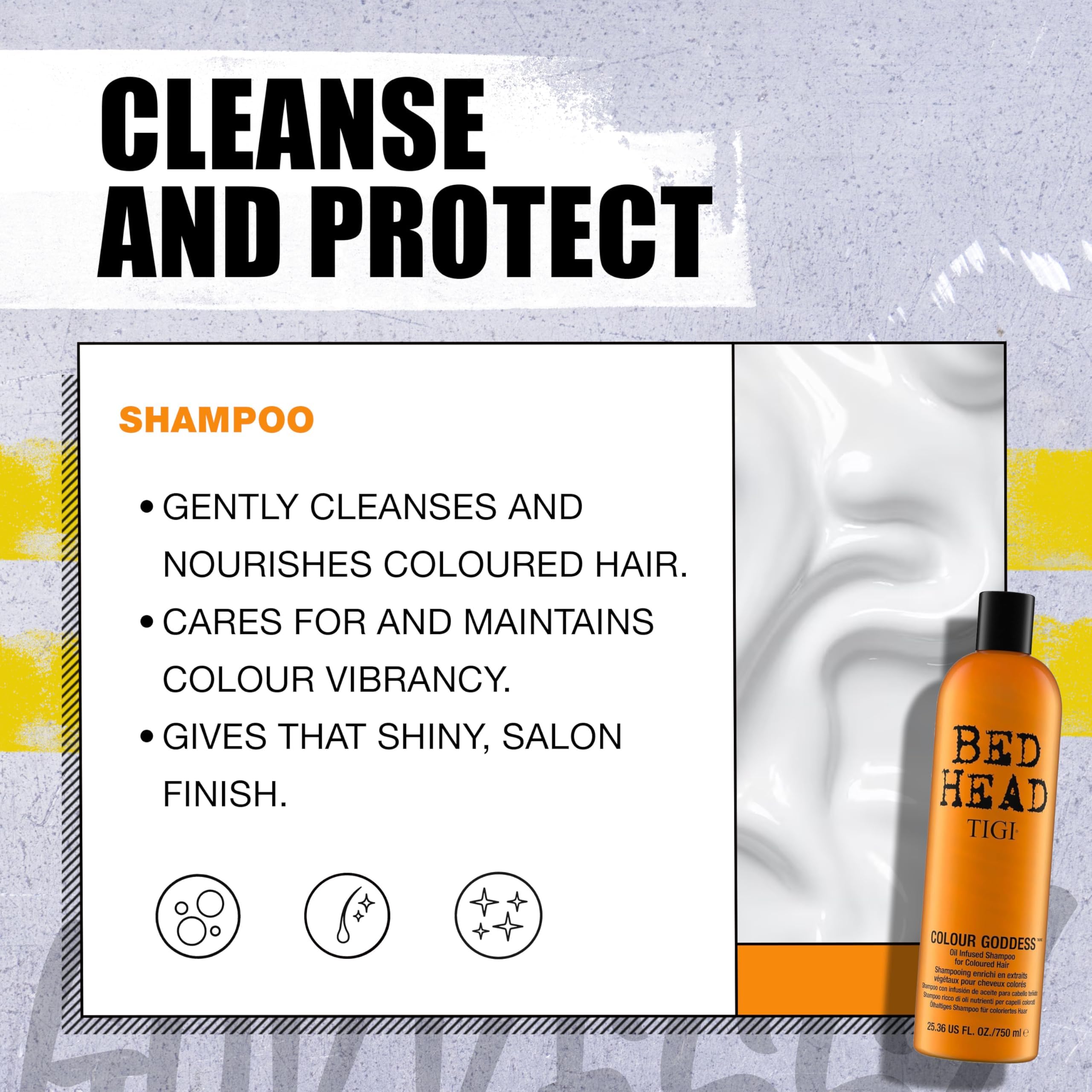 Bed Head Color Goddess Shampoo: brillo visible en cabello teñido.