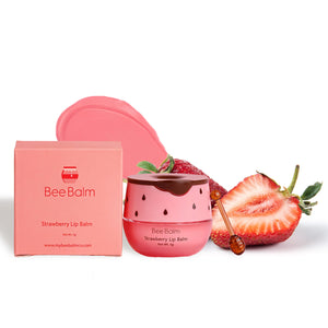 Bee Balm Original balsamo labial fresa en tarro, hidratación suave para labios secos.