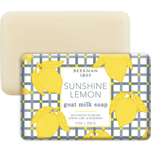 Beekman 1802 barra jabón leche de cabra Sunshine Lemon, textura cremosa para piel sensible.