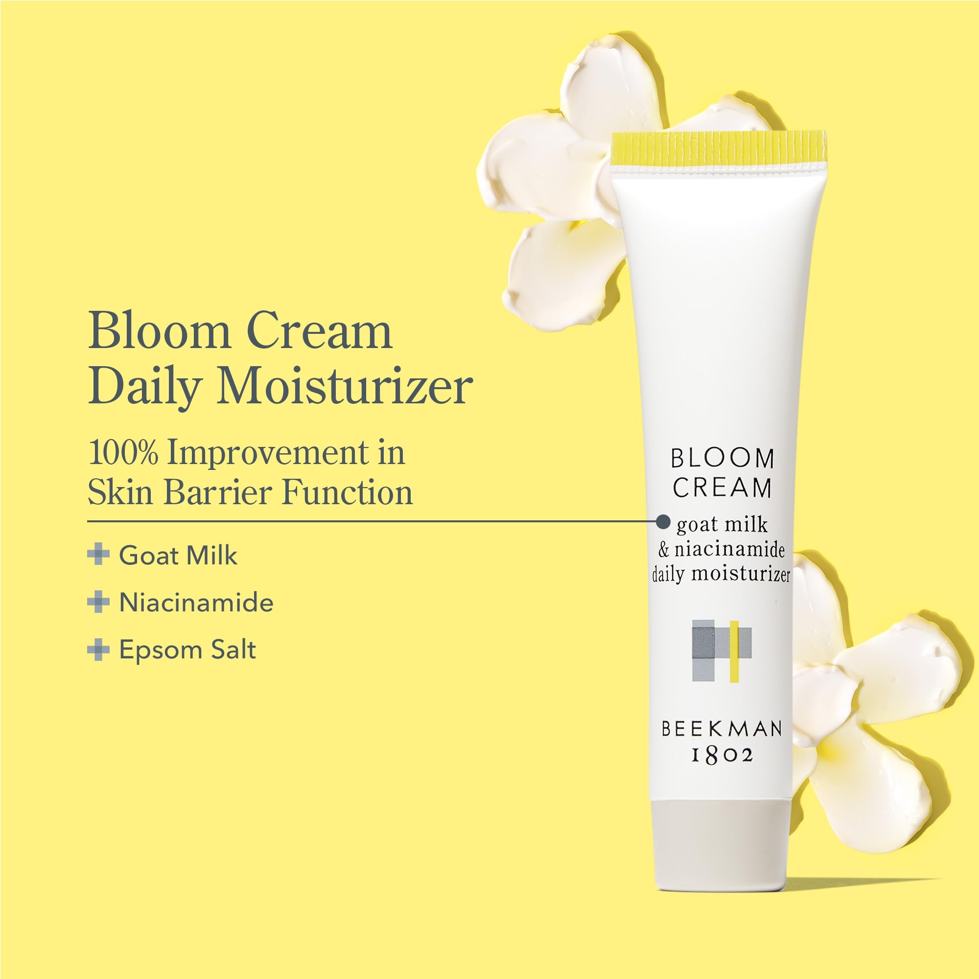 Beekman 1802 Bloom Cream, botella visible, absorción rápida que deja la piel suave y cómoda.