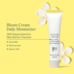 Beekman 1802 Bloom Cream, botella visible, absorción rápida que deja la piel suave y cómoda.