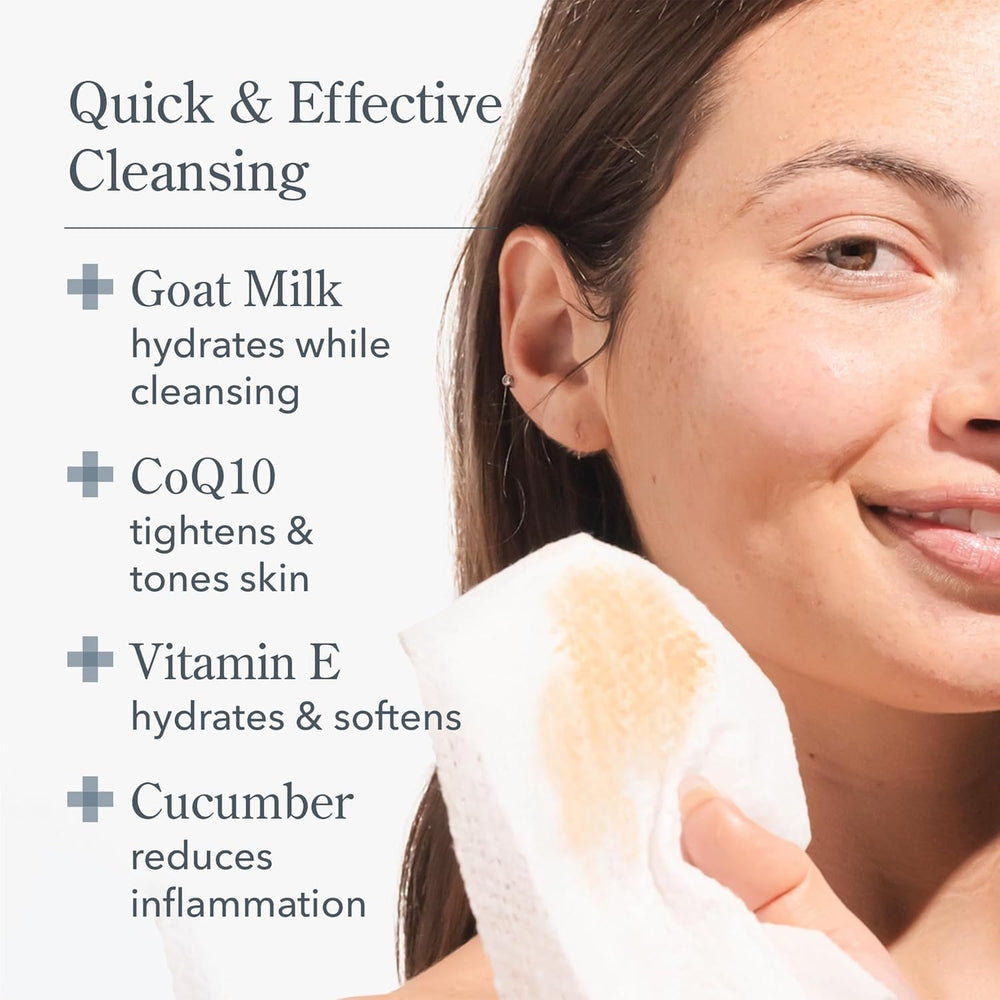 Beekman 1802, toallitas desmaquillantes en uso, limpieza facial suave sin agua