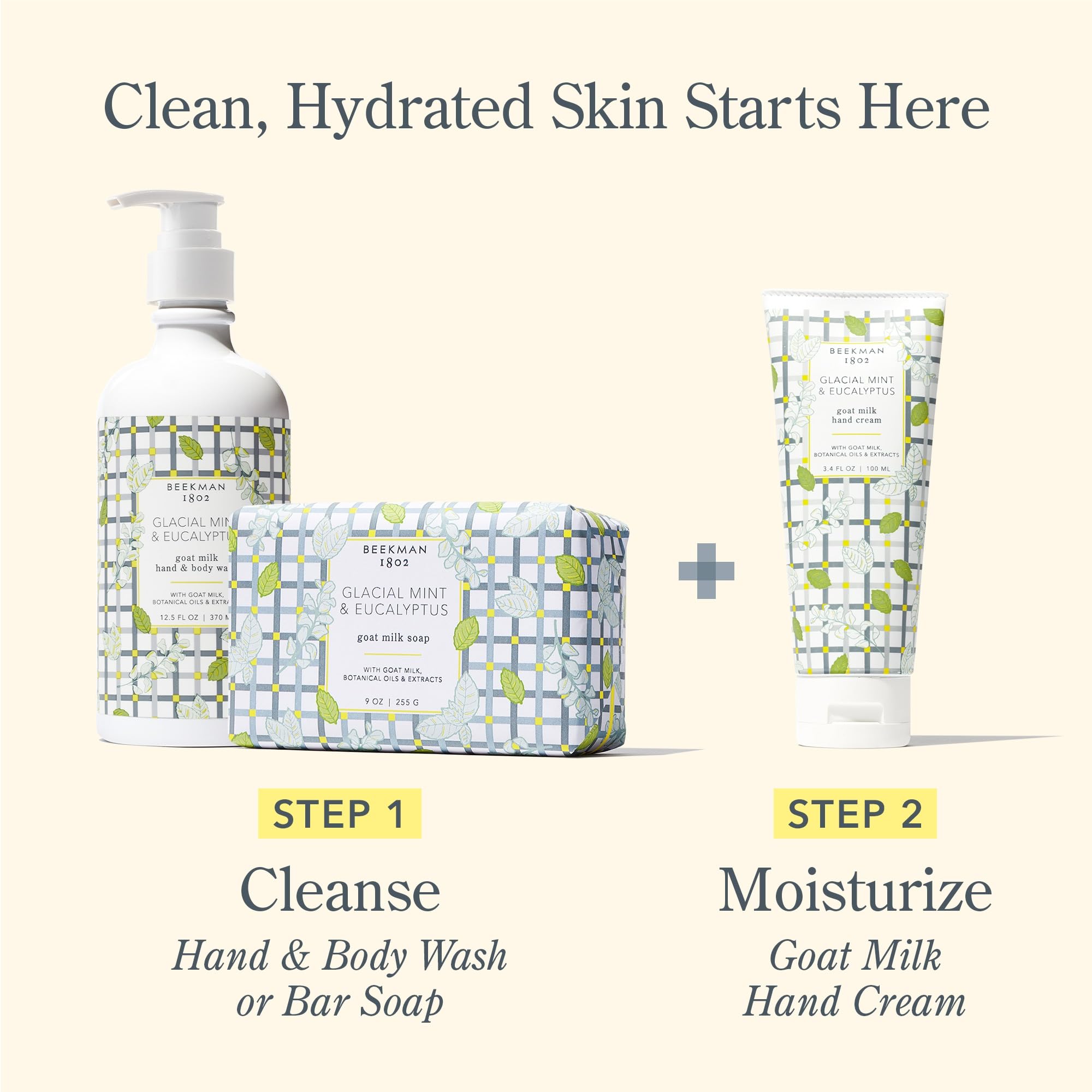 Aplicación suave de Beekman 1802 crema para manos, hidratación rápida.