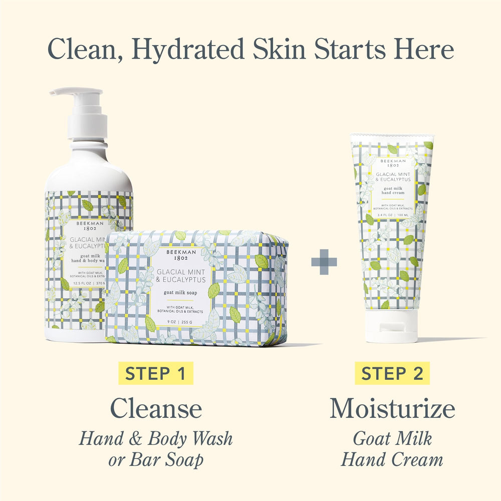 Aplicación suave de Beekman 1802 crema para manos, hidratación rápida.