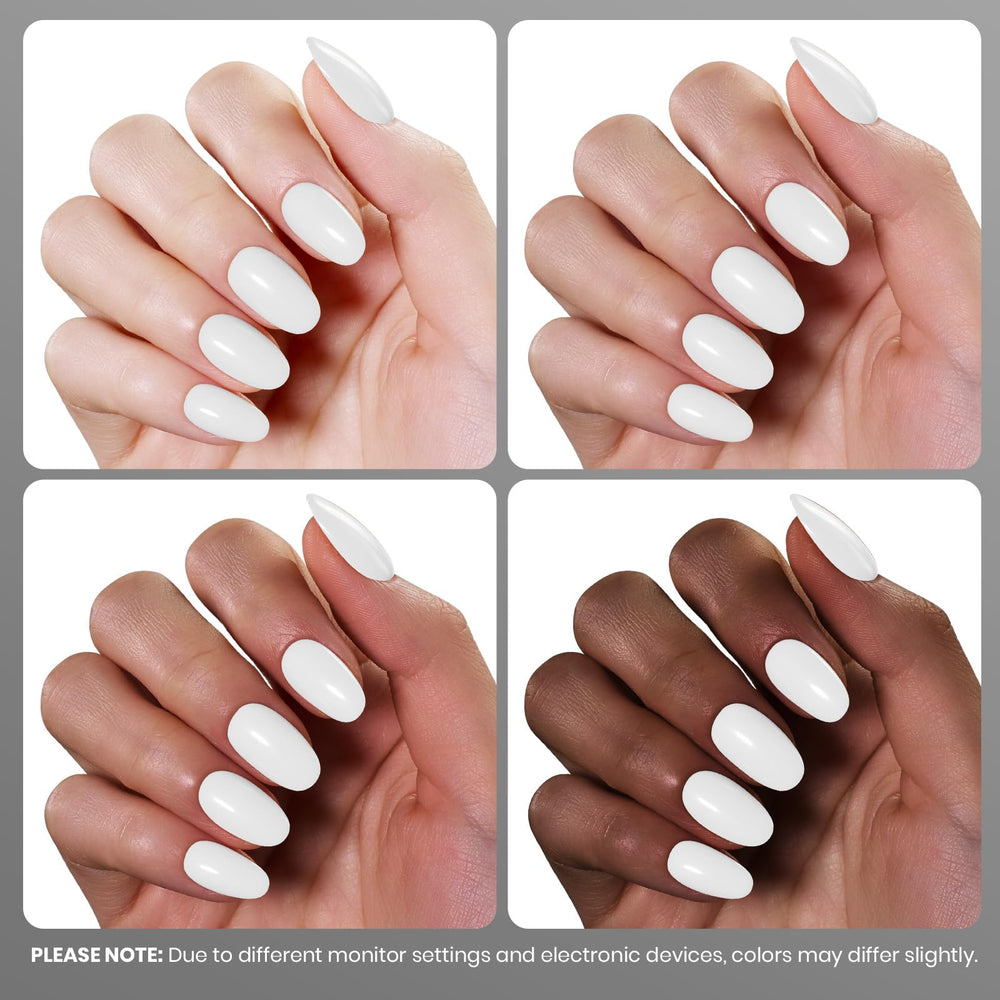 Beetles gel blanco, acabado brillante y uniforme en uñas.