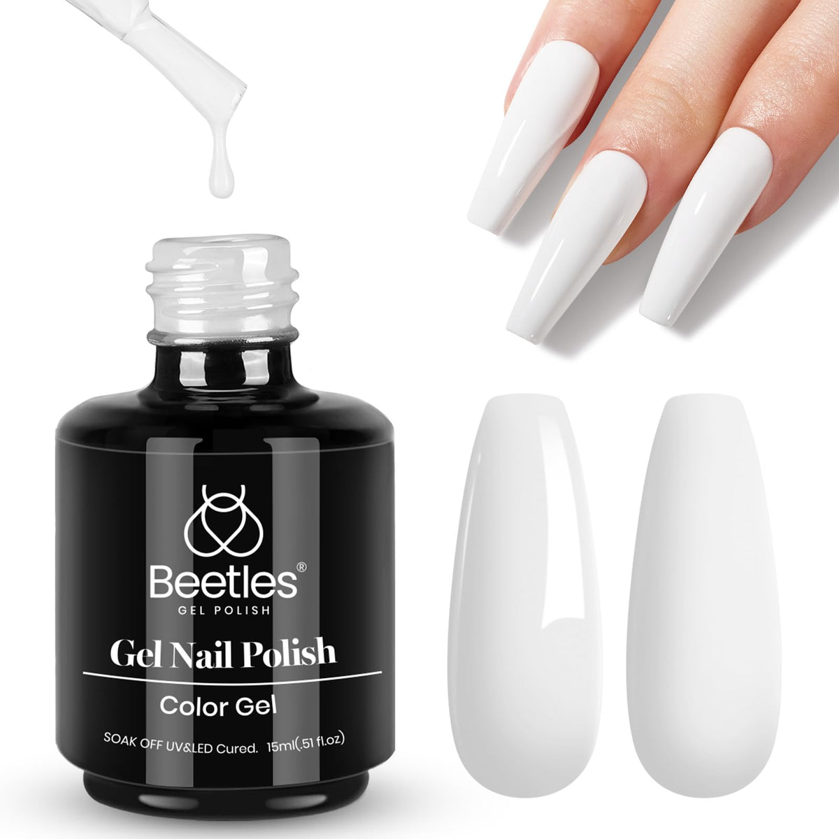 Beetles blanco gel nail polish, botella de 15 ml, ideal para manicuras duraderas.