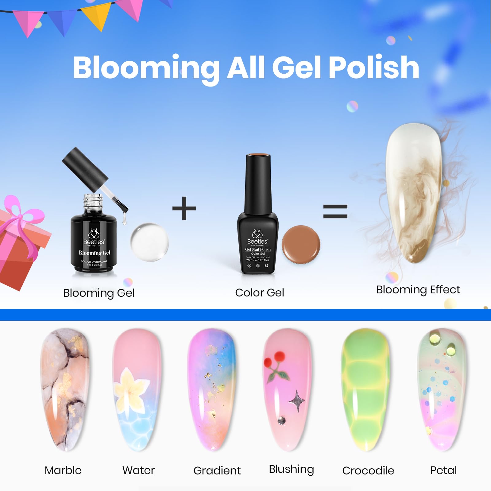 Beetles Blooming Gel para uñas genera flores con facilidad.