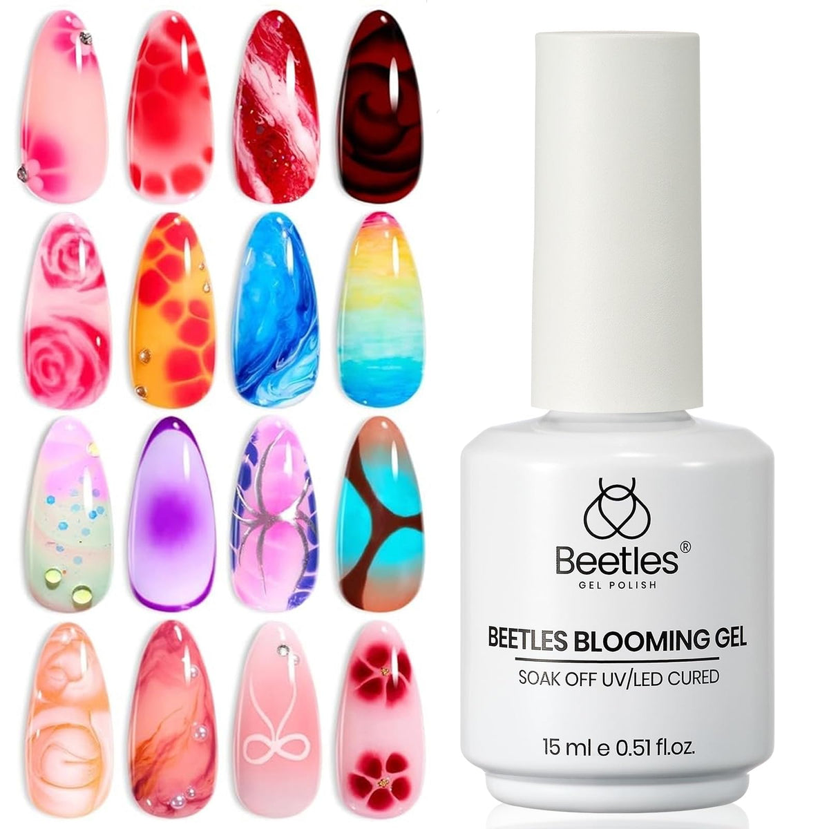 Beetles Blooming Gel para uñas muestra un suave efecto mármol para uñas.