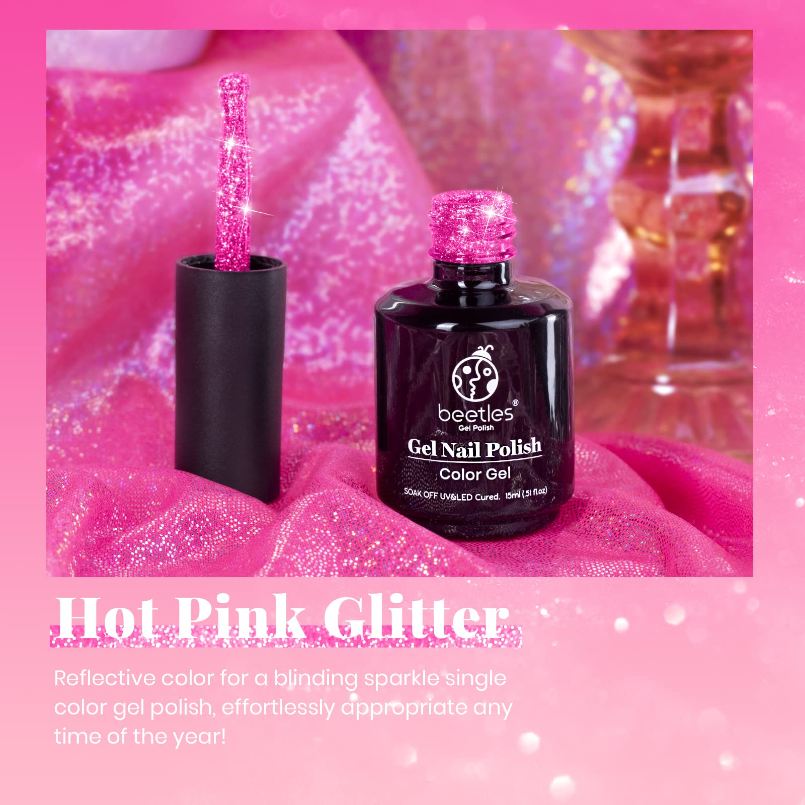 Beetles gel con efecto diamante rosa, reflejo en uñas.