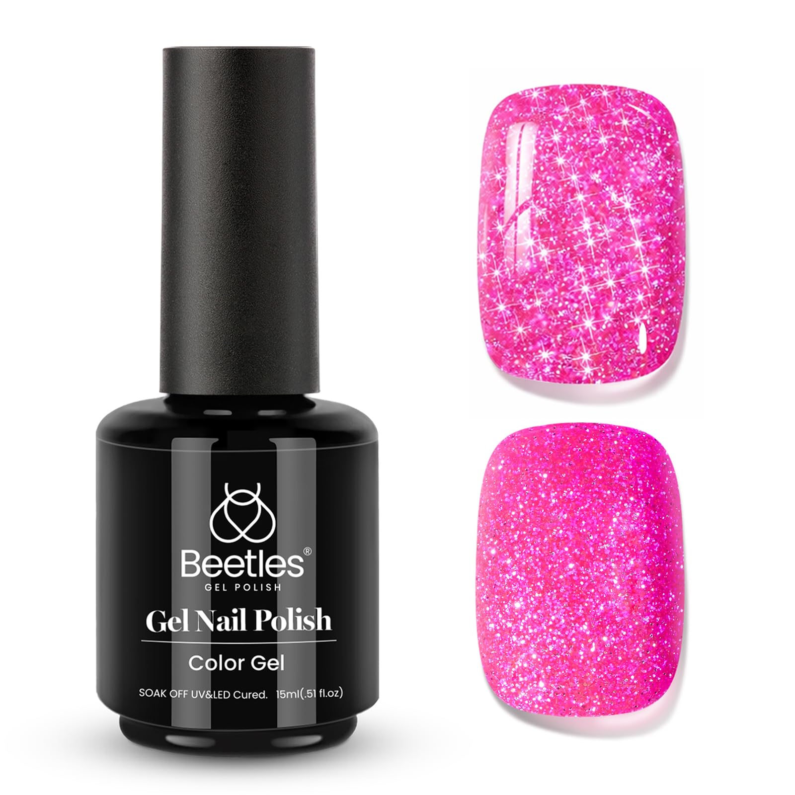 Beetles esmalte gel con brillo para uñas rosa caliente, acabado deslumbrante.