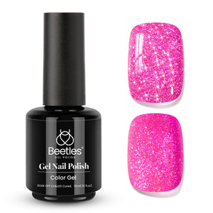 Beetles esmalte gel con brillo para uñas rosa caliente, acabado deslumbrante.