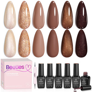 Beetles Brownie Bliss: conjunto de 6 colores para uñas, ideal para estilos cálidos.