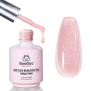 Beetles Builder Gel rosa brillante en la botella, ideal para manicuras duraderas.