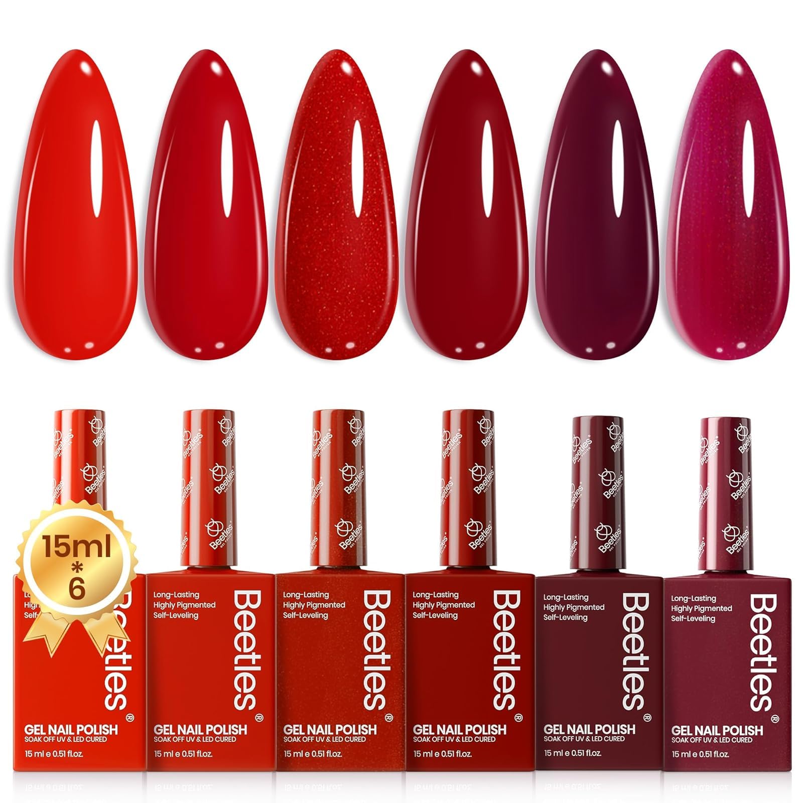 Beetles: conjunto de esmaltes gel rojos para manicuras duraderas y brillantes.