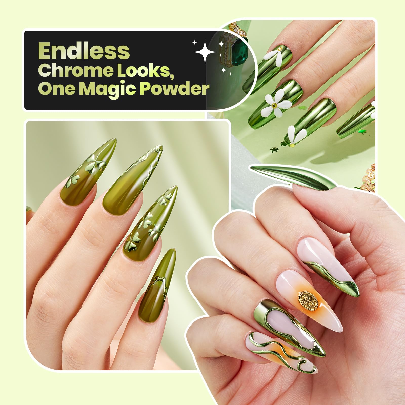 Efecto espejo verde cromado en uñas para look moderno