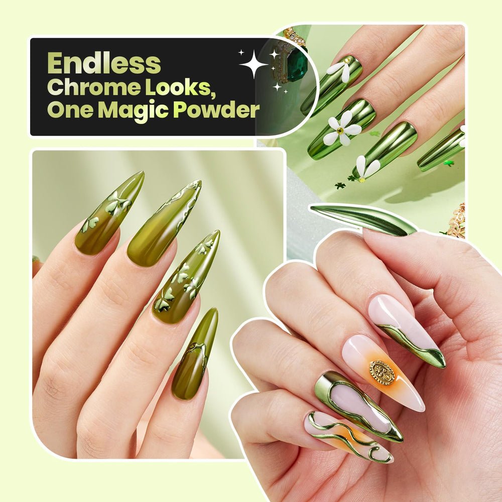 Efecto espejo verde cromado en uñas para look moderno