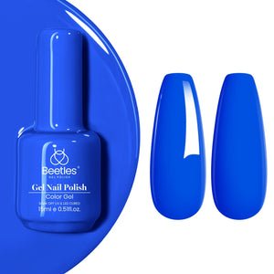 Beetles esmalte gel azul eléctrico en botella, listo para manicura vibrante.