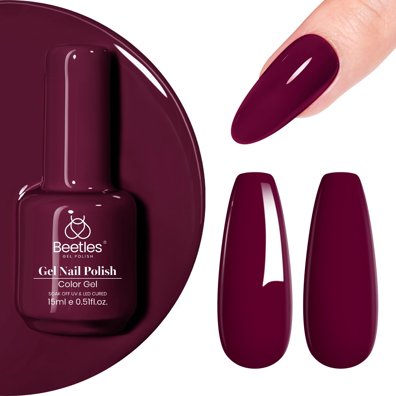 Beetles esmalte gel burdeos de 15 ml, color intenso para uso diario.
