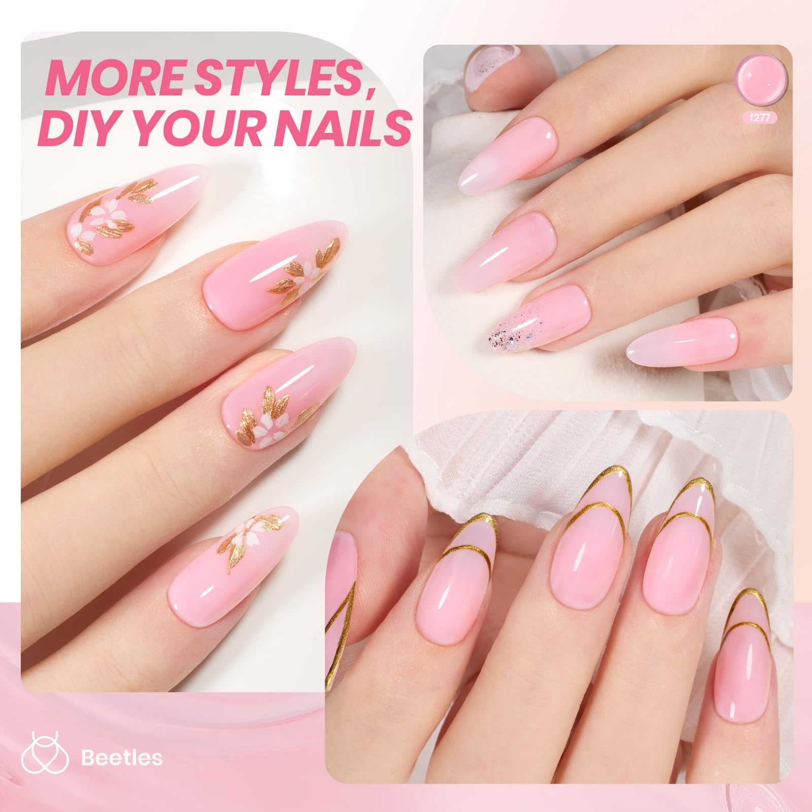 Beetles Gel rosa, curado con luz ultravioleta para resultados prácticos.