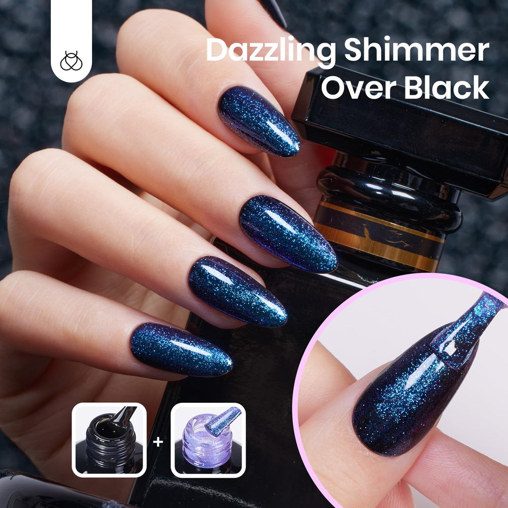 Beetles Gel Glitter Morado Aplicacion Demo: muestra aplicación suave y cobertura uniforme.