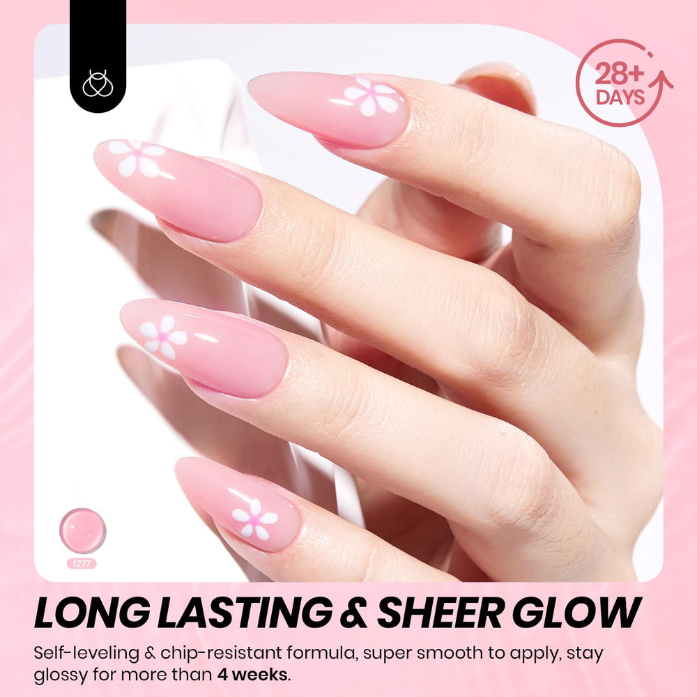 Beetles Gel rosa nude, acabado de alto brillo para una cobertura suave.