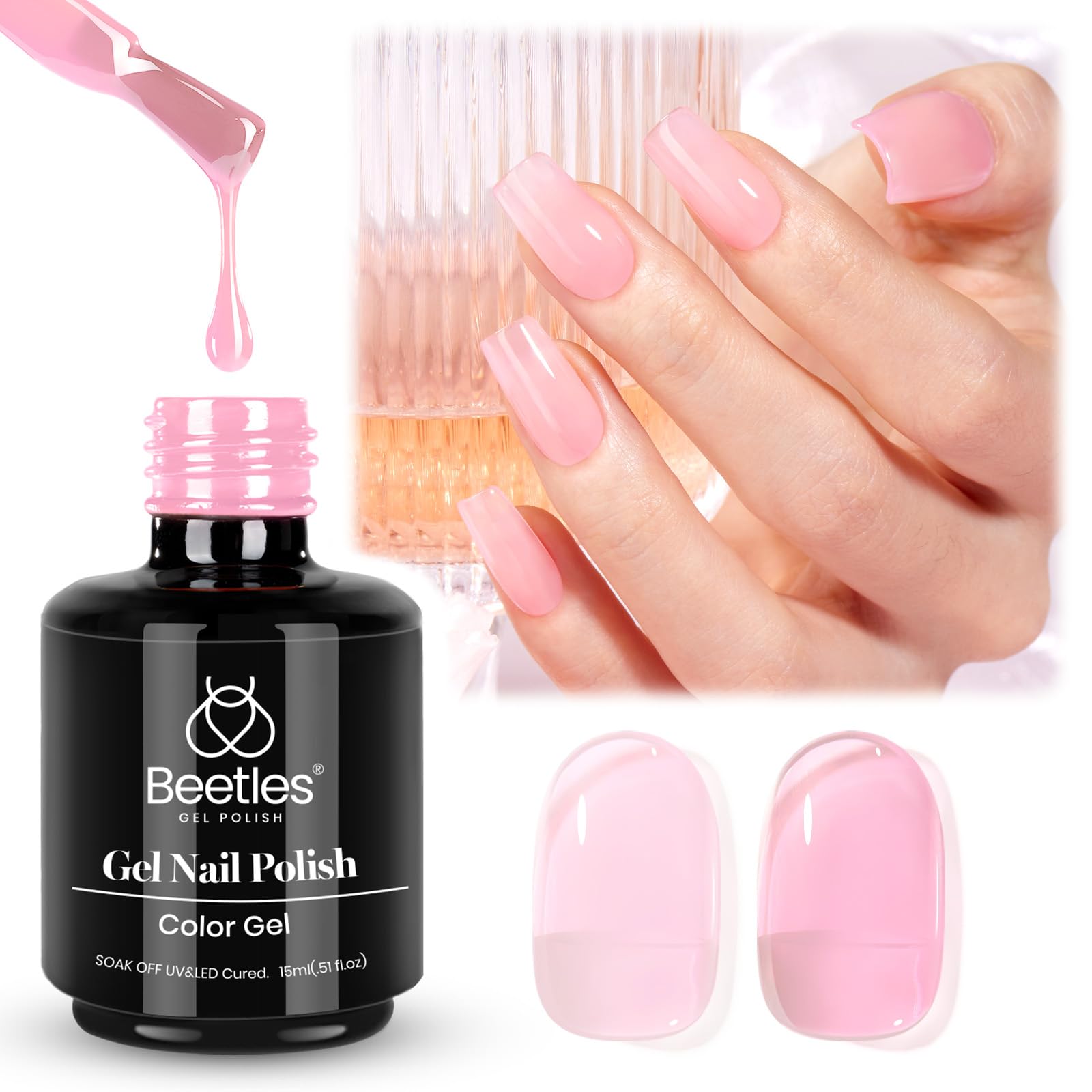 Beetles Gel rosa jelly translúcido, acabado suave y natural.