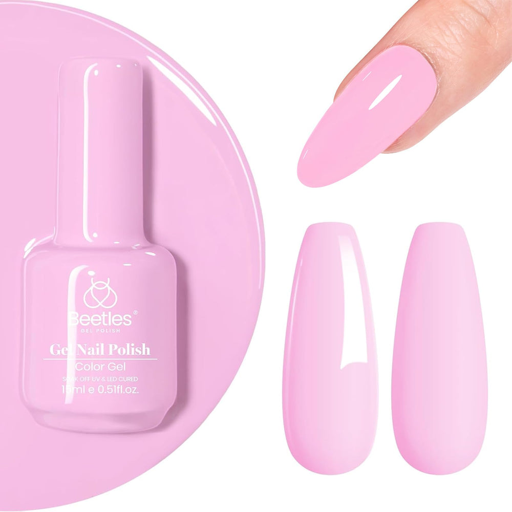 Beetles color rosa suave en uñas finalizadas, ideal para primavera