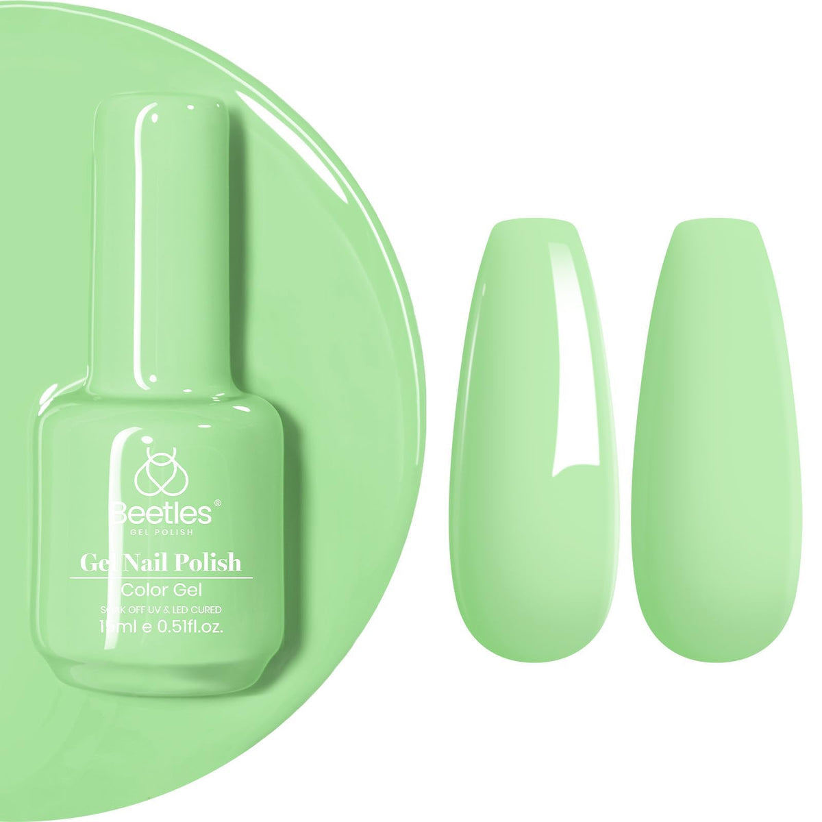 Beetles Esmalte Gel Verde Menta, tono pastel para uñas brillantes.