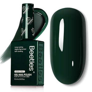 Beetles Esmalte Gel Verde Oscuro en botella, acabado brillante para uñas.